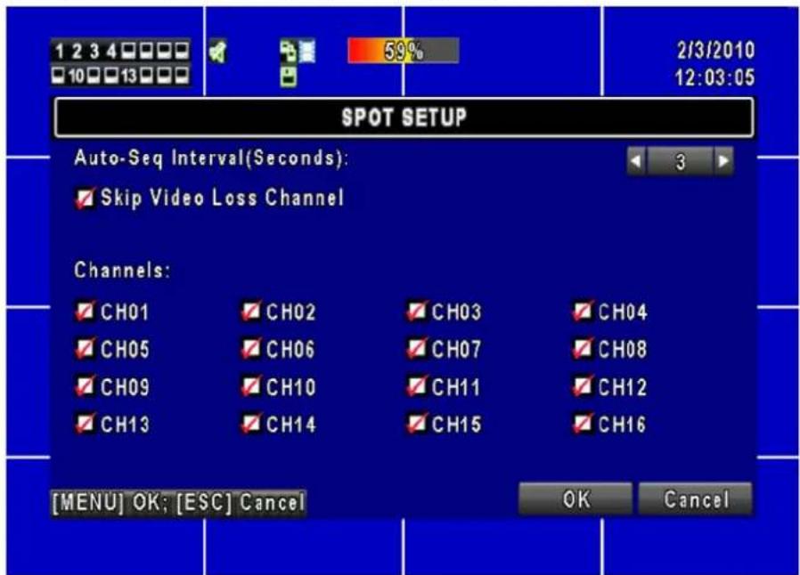 1 2 3 4 10 13 59% 2/3/2010 12:03:05 SPOT SETUP Auto-Seq Interval(Seconds): Skip Video Loss Channel Channels: CH01 CH02 CH03 CH04 CH05 CH06 CH07 CH08 CH09 CH10 CH11 CH12 CH13 CH14 CH15 CH16 [MENU] OK; [ESC] Cancel OK Cancel