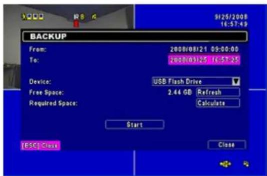 BACKUP From: 2008/08/21 09:00:00 To: 2008/03/25 16:57:25 Device: USB Flash Drive Free Space: 2.44 GB Refresh Required Space: Calculate Start ESC Close Close