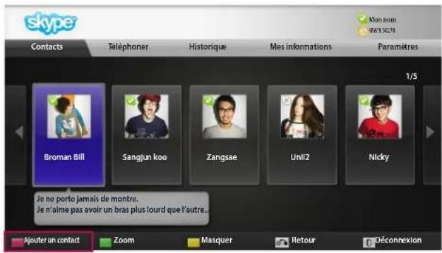 skype Contacts Téléphoner Historique Mes informations Paramètres Broman Bill Sangjun koo Zangsae Unil2 Nicky 1/5 Je ne porte jamais de montre. Je n'alme pas avoir un bras plus lourd que l'autre... Ajouter un contact Zoom Masquer Retour Déconnexion