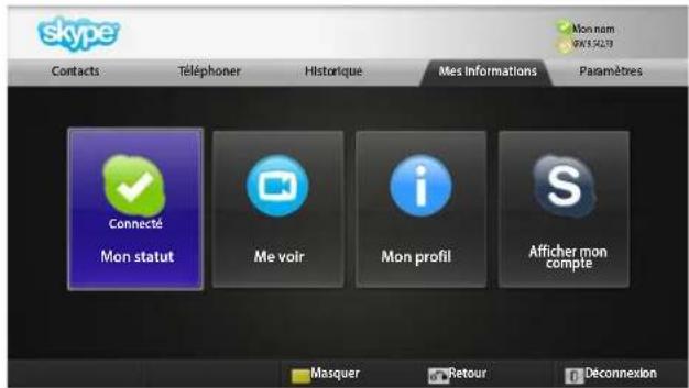 skype Contacts Téléphoner Historique Mes Informations Paramètres Mon nom WEN12217 Connecté Mon statut Me voir Mon profil Afficher mon compte Masquer Retour Déconnexion