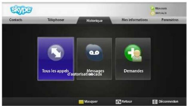 skype Contacts Téléphoner Historique Mes informations Paramètres Tous les appels Messages d'autorisation caux Demandes Masquer Retour Déconnexion