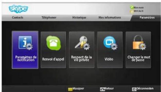 skype Contacts Téléphoner Historique Mes informations Paramètres Paramètres de notification Renvoi d'appel Respect de la vie privée Vidéo Changer le mot de passe Masquer Retour Déconnexion