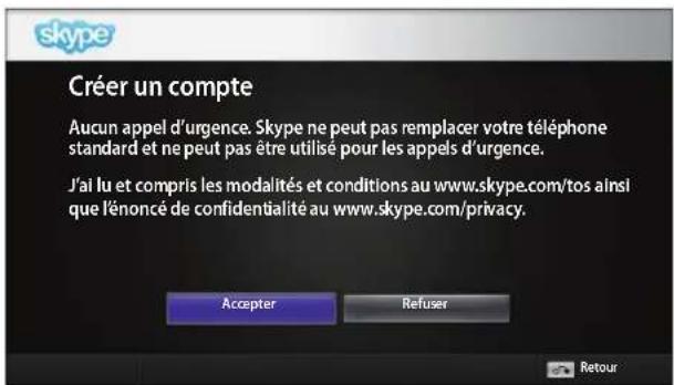 skype Créer un compte Aucun appel d'urgence. Skype ne peut pas remplacer votre téléphone standard et ne peut pas être utilisé pour les appels d'urgence. J'ai lu et compris les modalités et conditions au www.skype.com/tos ainsi que l'énoncé de confidentialité au www.skype.com/privacy. Accepter Refuser Retour
