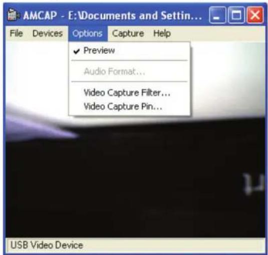 AMCAP - E:\Documents and Settings... File Devices Options Capture Help ✓ Preview Audio Format... Video Capture Filter... Video Capture Pin... USB Video Device