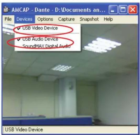 AMCAP - Dante - D:\Documents an... File Devices Options Capture Snapshot Help ✓ USB Video Device ✓ USB Audio Device SoundMAX Digital Audio USB Video Device