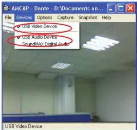 AMCAP - Dante - D:\Documents an... File Devices Options Capture Snapshot Help ✓ USB Video Device ✓ USB Audio Device SoundMAX Digital Audio USB Video Device