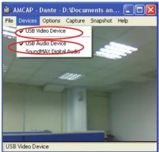 AMCAP - Dante - D:\Documents an... File Devices Options Capture Snapshot Help ✓ USB Video Device ✓ USB Audio Device SoundMAX Digital Audio USB Video Device