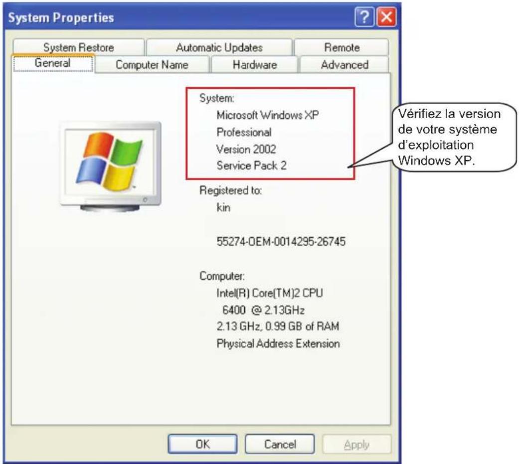 System Properties System Restore Automatic Updates Remote General Computer Name Hardware Advanced System: Microsoft Windows XP Professional Version 2002 Service Pack 2 Registered to: kin 55274-OEM-0014295-26745 Computer: Intel(R) Core(TM)2 CPU 6400 @ 2.13GHz 2.13 GHz, 0.99 GB of RAM Physical Address Extension OK Cancel Apply Vérifiez la version de votre système d'exploitation Windows XP.