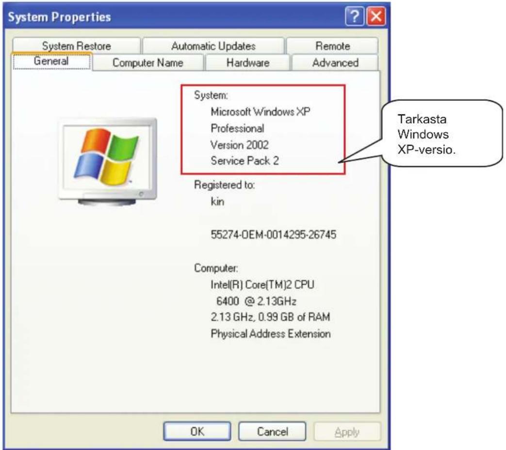 System Properties System Restore Automatic Updates Remote General Computer Name Hardware Advanced System: Microsoft Windows XP Professional Version 2002 Service Pack 2 Registered to: kin 55274-OEM-0014295-26745 Computer: Intel(R) Core(TM)2 CPU 6400 @ 2.13GHz 2.13 GHz, 0.99 GB of RAM Physical Address Extension Tarkasta Windows XP-versio. OK Cancel Apply
