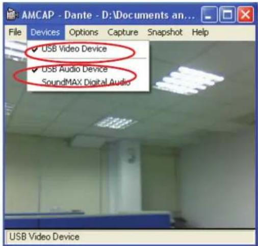 AMCAP - Dante - D:\Documents an... File Devices Options Capture Snapshot Help ✓ USB Video Device ✓ USB Audio Device SoundMAX Digital Audio USB Video Device
