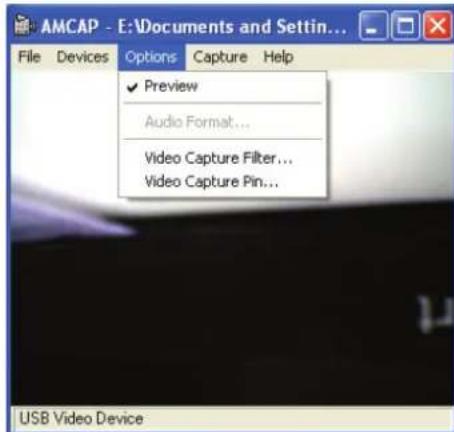 AMCAP - E:\Documents and Settings... File Devices Options Capture Help Preview Audio Format... Video Capture Filter... Video Capture Pin... USB Video Device