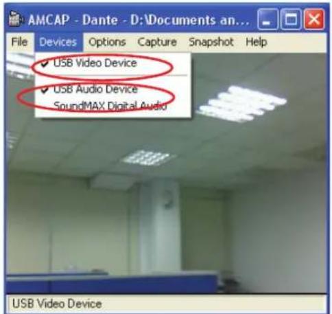AMCAP - Dante - D:\Documents an... File Devices Options Capture Snapshot Help ✓ USB Video Device ✓ USB Audio Device SoundMAX Digital Audio USB Video Device