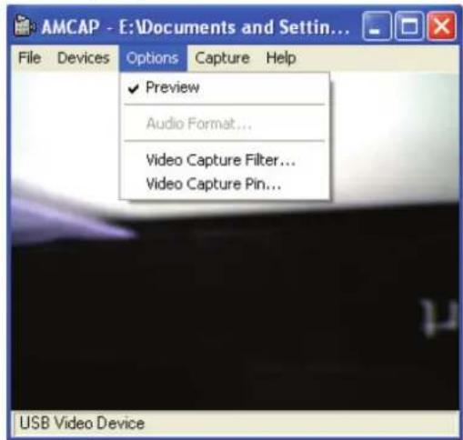 AMCAP - E:\Documents and Settings... File Devices Options Capture Help Preview Audio Format... Video Capture Filter... Video Capture Pin... USB Video Device