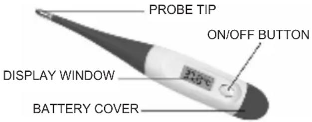 PROBE TIP ON/OFF BUTTON DISPLAY WINDOW BATTERY COVER
