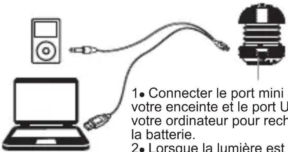 1• Connecter le port mini votre enceinte et le port U votre ordinateur pour rech la batterie. 2• Lorsque la lumière est