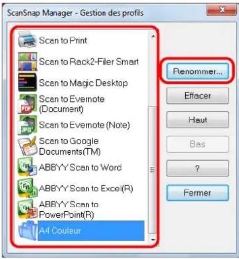 ScanSnap Manager - Gestion des profils Scan to Print Scan to Rack2-Filer Smart Scan to Magic Desktop Scan to Evernote (Document) Scan to Evernote (Note) Scan to Google Documents(TM) ABBYY Scan to Word ABBYY Scan to Excel(R) ABBYY Scan to PowerPoint(R) A4 Couleur Renommer... Effacer Haut Bas ? Farmer