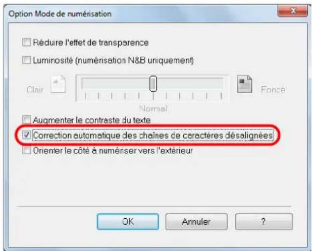 Option Mode de numérisation Rèduire l'effet de transparence Luminosité (numérisation N&B uniquement) Clair Normal Foncé Augmenter le contraste du texte Correction automatique des chaînes de caractères désalignées Orienter le côté à numériser vers l'extérieur OK Annuler ?
