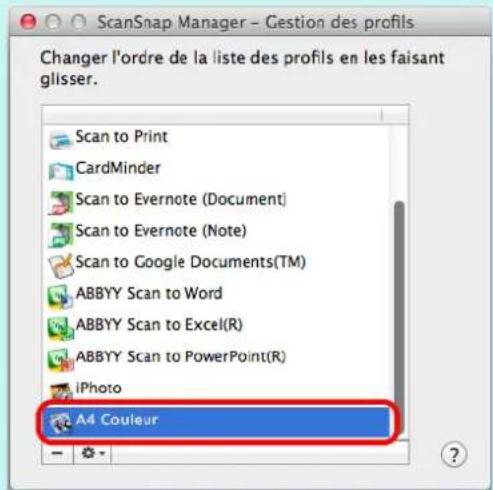 ScanSnap Manager - Gestion des profils Changer l'ordre de la liste des profils en les faisant glisser. Scan to Print CardMinder Scan to Evernote (Document) Scan to Evernote (Note) Scan to Google Documents(TM) ABBYY Scan to Word ABBYY Scan to Excel(R) ABBYY Scan to PowerPoint(R) iPhoto A4 Couleur