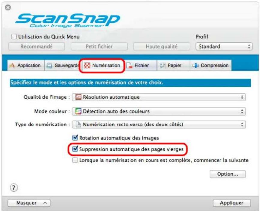 ScanSnap Color Image Scanner Utilisation du Quick Menu Recommandé Petit fichier Haute qualité Profil Standard Application Sauvegarde Numérisation Fichier Papier Compression Spécifiez le mode et les options de numérisation de votre choix. Qualité de l'image : Résolution automatique Mode couleur : Détection auto des couleurs Type de numérisation : Numérisation recto verso (des deux côtés) Rotation automatique des images Suppression automatique des pages vierges Lorsque la numérisation en cours est complète, commencer la suivante Option... Masquer Appliquer