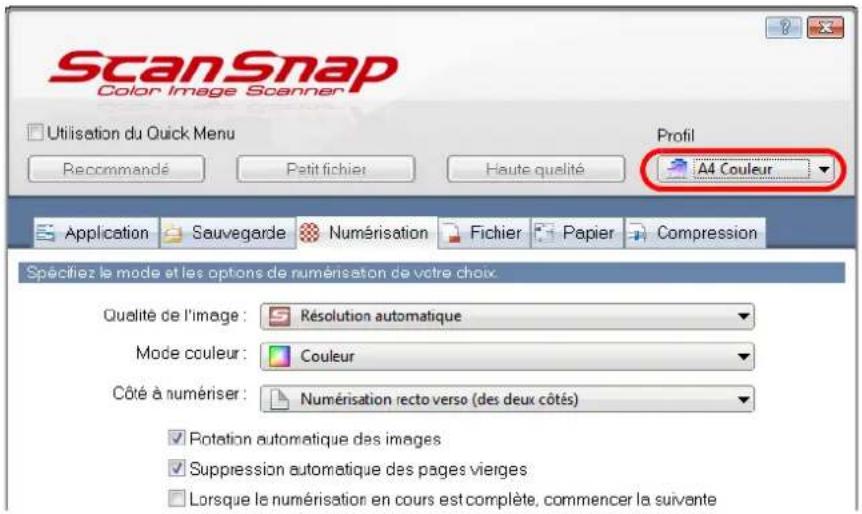 ScanSnap Color Image Scanner Utilisation du Quick Menu Recommandé Petit fichier Haute qualité Profil A4 Couleur Application Sauvegarde Numérisation Fichier Papier Compression Spécifiez le mode et les options de numérisation de votre choix. Qualité de l'image : Résolution automatique Mode couleur : Couleur Côté à numériser : Numérisation recto verso (des deux côtés) Rotation automatique des images Suppression automatique des pages vierges Lorsque le numérisation en cours est complète, commencer la suivante