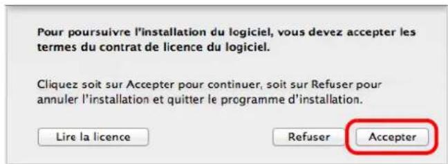 Pour poursuivre l'installation du logiciel, vous devez accepter les termes du contrat de licence du logiciel. Cliquez soit sur Accepter pour continuer, soit sur Refuser pour annuler l'installation et quitter le programme d'installation. Lire la licence Refuser Accepter