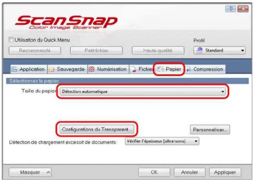 ScanSnap Color Image Scanner Utilisation du Quick Menu Recommandé Pétit fichier Haute qualité Standard Application Sauvegarde Numérisation Fichier Papier Compression Sélectionnez le papier. Taille du papier: Détection automatique Configurations du Transparent... Personneliser... Détection de chargement excessif de documents: Vérifier l'épaisseur [ultra-sons] Masquer OK Annuler Appliquer