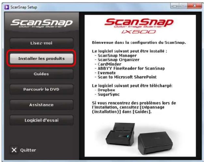 ScanSnap Setup ScanSnap Color Image Scanner Lisez-mol Installer les produits Guidos Parcourir le DVD Assistance Logiciel d'essai Quitter ScanSnap Color Image Scanner IX500 Bienvenue dans la configuration du ScanSnap. Le logiciel suivant peut être installé : - ScanSnap Manager - ScanSnap Organizer - CardMinder - ABBYY FineReader for ScanSnap - Evernote - Scan to Microsoft SharePoint Le logiciel suivant peut être téléchargé: - Dropbox - SugarSync Si vous rencontrez des problèmes lors de l'installation, consultez [Dépannage (installation)] dans [Guides]. × Quitter