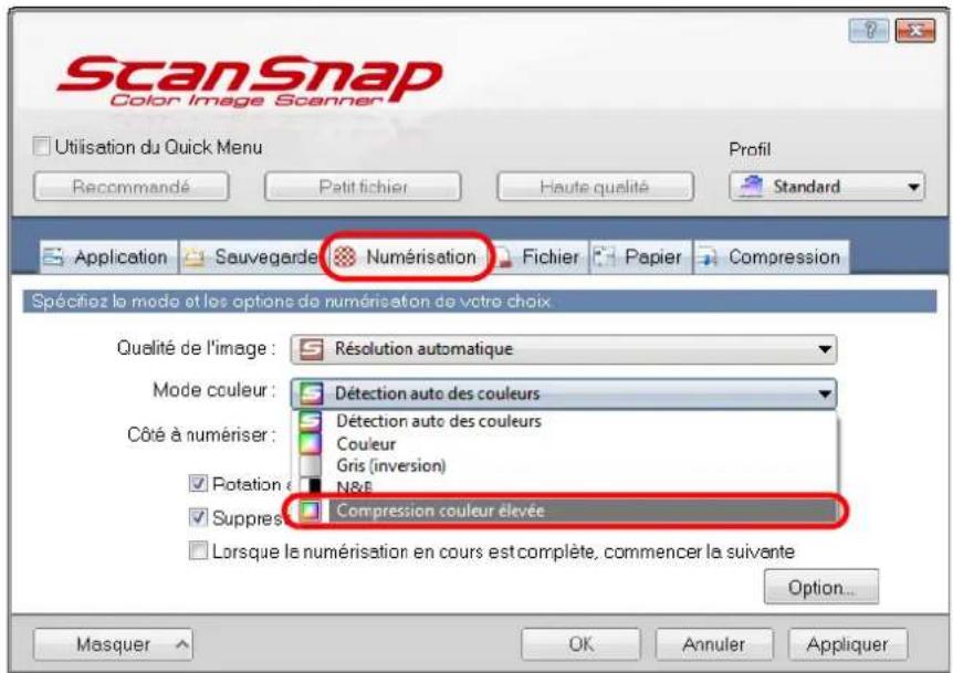 ScanSnap Color Image Scanner Utilisation du Quick Menu Recommandé Petit fichier Haute qualité Standard Application Sauvegarde Numérisation Fichier Papier Compression Spécifiez le mode et les options de numérisation de votre choix Qualité de l'image : Résolution automatique Mode couleur : Détection auto des couleurs Côté à numériser : Détection auto des couleurs Couleur Gris (inversion) Potation : N&F Suppres : Compression couleur élevée Lorsque le numérisation en cours est complète, commencer la suivante Option... Masquer OK Annuler Appliquer