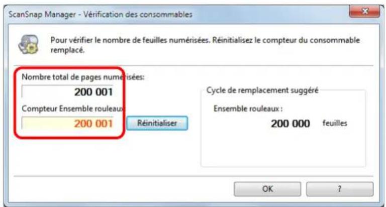 ScanSnap Manager - Vérification des consommables Pour vérifier le nombre de feuilles numérisées. Réinitialisez le compteur du consommable remplacé. Nombre total de pages numérisées: 200 001 Compteur Ensemble rouleaux 200 001 Réinitialiser Cycle de remplacement suggéré Ensemble rouleaux : 200 000 feuilles OK ?
