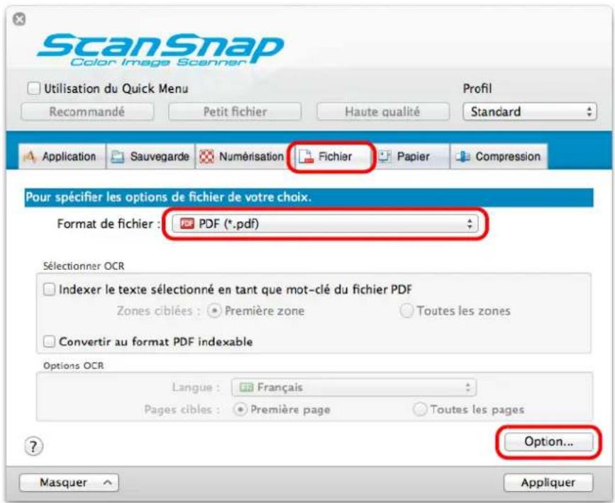 ScanSnap Color Image Scanner Utilisation du Quick Menu Profil Recommandé Petit fichier Haute qualité Standard Application Sauvegarde Numérisation Fichier Papier Compression Pour spécifier les options de fichier de votre choix. Format de fichier : PDF (*.pdf) Sélectionner OCR Indexer le texte sélectionné en tant que mot-clé du fichier PDF Zones ciblées : • Première zone Toutes les zones Convertir au format PDF indexable Options OCR Langue : Français Pages cibles : • Première page Toutes les pages Option... Masquer Appliquer
