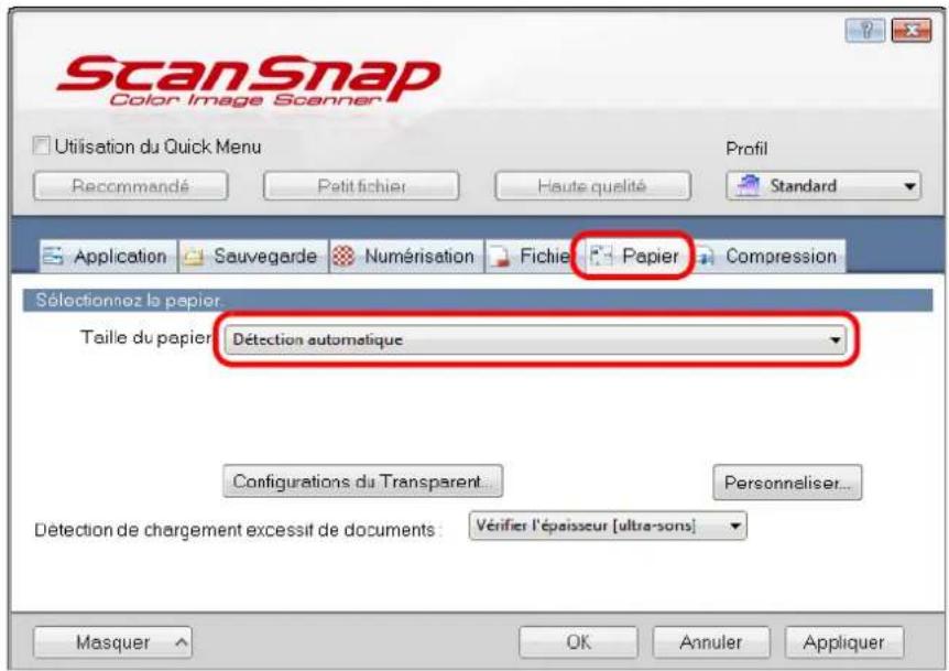 ScanSnap Color Image Scanner Utilisation du Quick Menu Recommandé Petit fichier Haute qualité Profil Standard Application Sauvegarde Numérisation Fichier Papier Compression Sélectionnez la papier. Taille du papier Détection automatique Configurations du Transparent... Personneliser... Détection de chargement excessif de documents: Vérifier l'épaisseur [ultra-sons] Masquer OK Annuler Appliquer