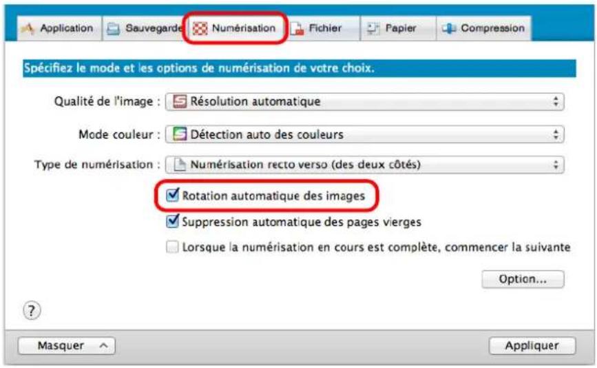 Application Sauvegarde Numérisation Fichier Papier Compression Spécifiez le mode et les options de numérisation de votre choix. Qualité de l'image : Résolution automatique Mode couleur : Détection auto des couleurs Type de numérisation : Numérisation recto verso (des deux côtés) Rotation automatique des images Suppression automatique des pages vierges Lorsque la numérisation en cours est complète, commencer la suivante Option... Masquer Appliquer