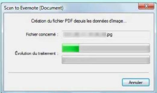 Scan to Evernote (Document) Création du fichier PDF depuis les données d'image... Fichier concerné : pg Évolution du traitement : Annuler