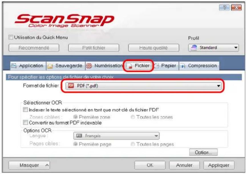ScanSnap Color Image Scanner Utilisation du Quick Menu Recommandé Petit fichier Haute qualité Standard Application Sauvegarde Numérisation Fichier Papier Compression Pour spécifier les options de fichier de votre choix Format de fichier : PDF PDF (*.pdf) Sélectionner OCR Indexer le texte sélectionné en tant que mot-clé du fichier PDF Zones ciblées : Première zone Toutes les zones Convertir au format PDF indexable Options OCR Langue : Français Pages cibles : Première page Toutes les pages Option... Masquer OK Annuler Appliquer