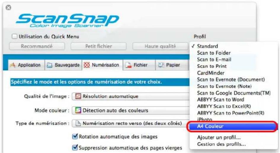 ScanSnap Color Image Scanner Utilisation du Quick Menu Recommandé Petit fichier Haute qualité Application Sauvegarde Numérisation Fichier Papier Spécifiez le mode et les options de numérisation de votre choix. Qualité de l'image : Résolution automatique Mode couleur : Détection auto des couleurs Type de numérisation : Numérisation recto verso (des deux côtés) Rotation automatique des images Suppression automatique des pages vierges Profil ✓ Standard Scan to Folder Scan to E-mail Scan to Print CardMinder Scan to Evernote (Document) Scan to Evernote (Note) Scan to Google Documents(TM) ABBYY Scan to Word ABBYY Scan to Excel(R) ABBYY Scan to PowerPoint(R) iPhoto A4 Couleur Ajouter un profil... Gestion des profils...