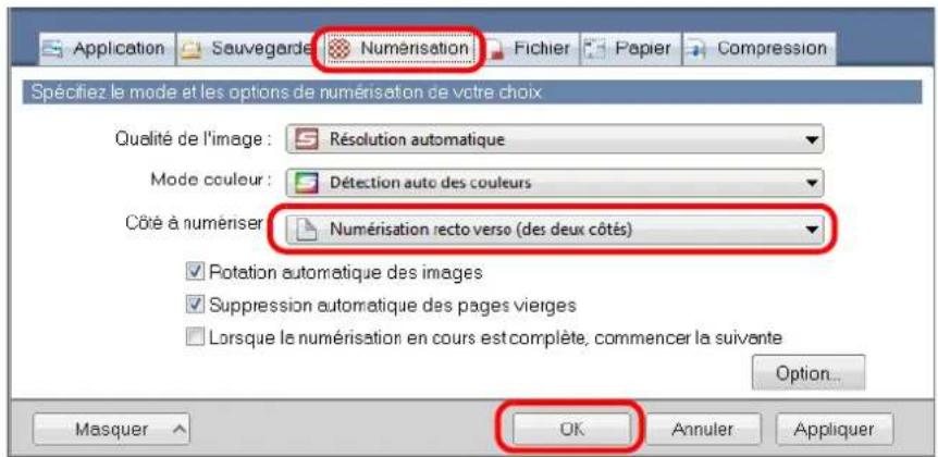 Application Sauvegarde Numérisation Fichier Papier Compression Spécifiez le mode et les options de numérisation de votre choix Qualité de l'image : Résolution automatique Mode couleur : Détection auto des couleurs Côté à numériser : Numérisation recto verso (des deux côtés) Rotation automatique des images Suppression automatique des pages vierges Lorsque le numérisation en cours est complète, commencer la suivante Option... Masquer OK Annuler Appliquer
