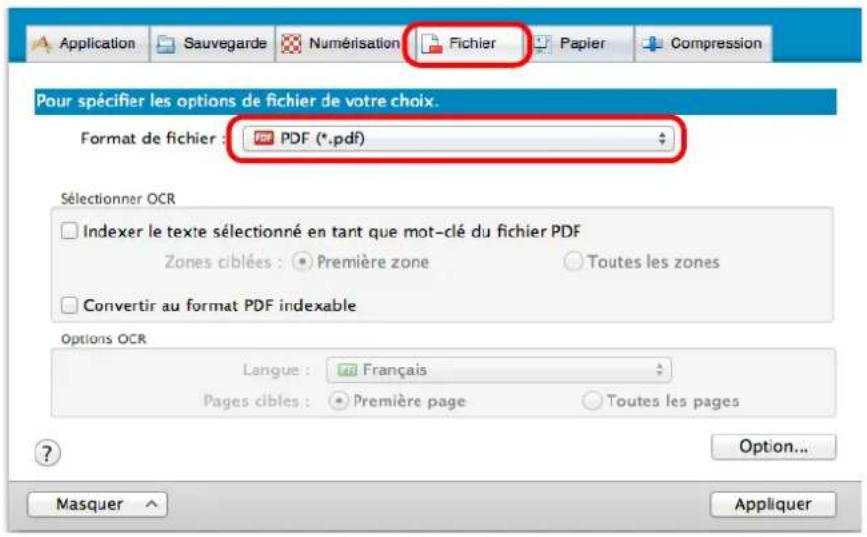 Application Sauvegarde Numérisation Fichier Papier Compression Pour spécifier les options de fichier de votre choix. Format de fichier : PDF (*.pdf) Sélectionner OCR Indexer le texte sélectionné en tant que mot-clé du fichier PDF Zones ciblées : •Première zone Toutes les zones Convertir au format PDF indexable Options OCR Langue : Français Pages cibles : •Première page Toutes les pages Option... Masquer Appliquer
