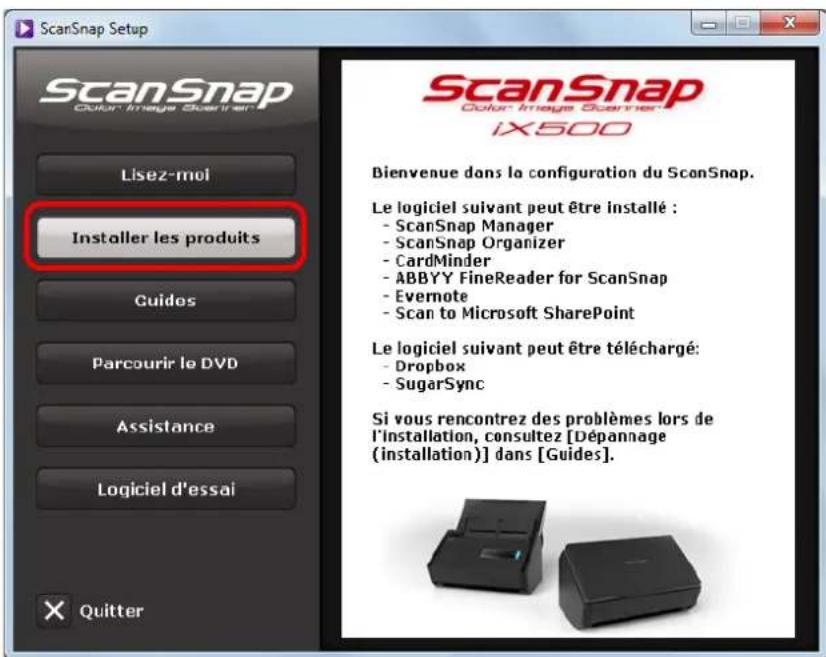 ScanSnap Setup ScanSnap Color Image Scanner Lisez-moi Installer les produits Guidos Parcourir le DVD Assistance Logiciel d'essai Quitter ScanSnap Color Image Scanner iX500 Bienvenue dans la configuration du ScanSnap. Le logiciel suivant peut être installé : - ScanSnap Manager - ScanSnap Organizer - CardMinder - ABBYY FineReader for ScanSnap - Evernote - Scan to Microsoft SharePoint Le logiciel suivant peut être téléchargé: - Dropbox - SugarSync Si vous rencontrez des problèmes lors de l'installation, consultez [Dépannage (installation)] dans [Guides]. × Quitter