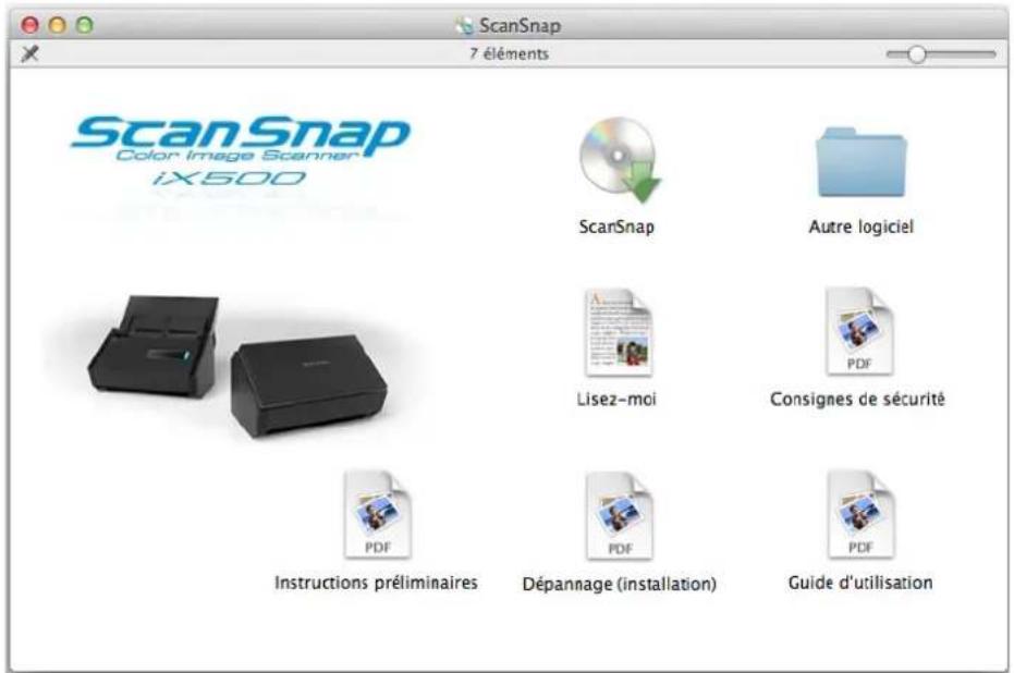 ScanSnap 7 éléments ScanSnap Color Image Scanner iX500 ScanSnap Autre logiciel Lisez-moi Consignes de sécurité PDF Instructions préliminaires Dépannage (installation) Guide d'utilisation
