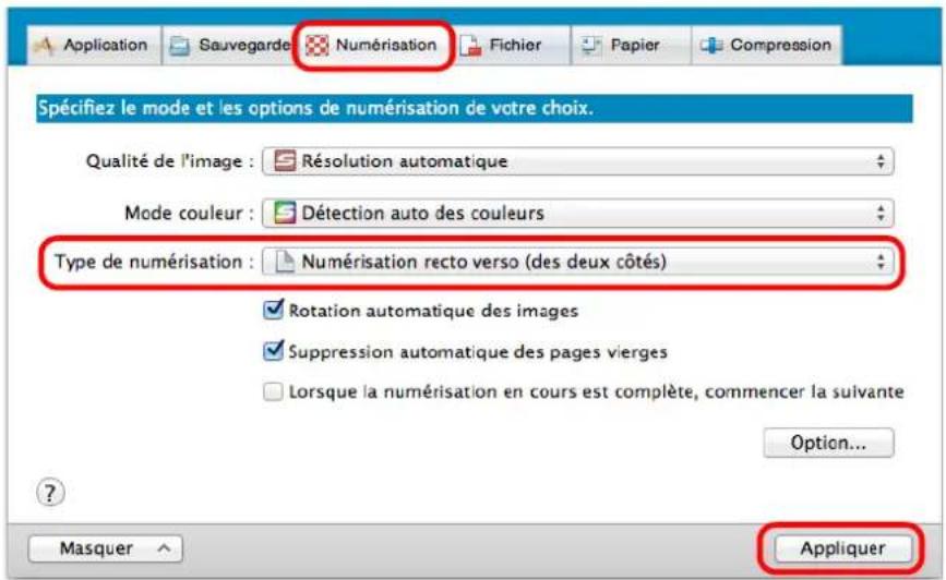 Application Sauvegarde Numérisation Fichier Papier Compression Spécifiez le mode et les options de numérisation de votre choix. Qualité de l'image : Résolution automatique Mode couleur : Détection auto des couleurs Type de numérisation : Numérisation recto verso (des deux côtés) Rotation automatique des images Suppression automatique des pages vierges Lorsque la numérisation en cours est complète, commencer la suivante Option... Masquer Appliquer