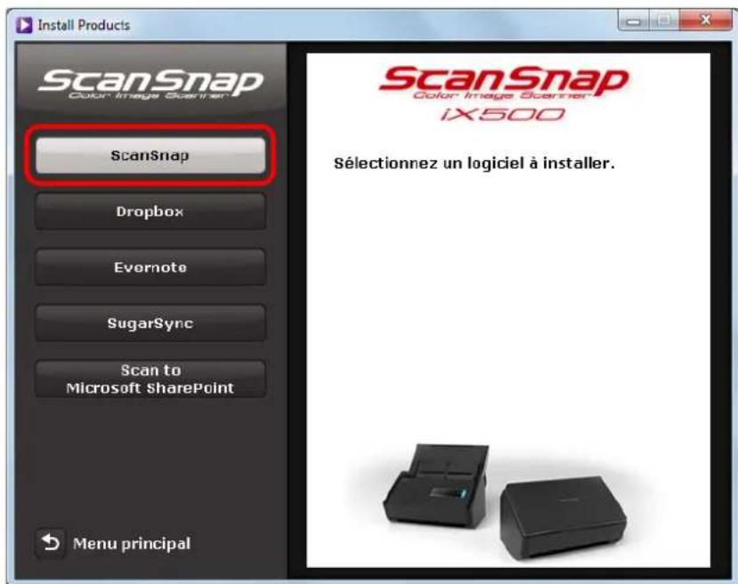 ScanSnap Color Image Scanner ScanSnap Dropbox Evernote SugarSync Scan to Microsoft SharePoint Menu principal ScanSnap Color Image Scanner iX500 Sélectionnez un logiciel à installer.