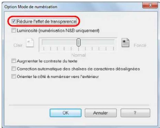 Option Mode de numérisation Réduire l'effet de transparence Luminosité (numérisation N&B uniquement) Clair Normal Foncé Augmenter le contraste du texte Correction automatique des chaînes de caractères désalignées Orienter le côté à numériser vers l'extérieur OK Annuler ?