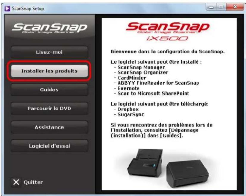 ScanSnap Setup ScanSnap Color Image Scanner Lisez-moi Installer les produits Guidos Parcourir le DVD Assistance Logiciel d'essai Quitter ScanSnap Color Image Scanner iX500 Bienvenue dans la configuration du ScanSnap. Le logiciel suivant peut être installé : - ScanSnap Manager - ScanSnap Organizer - CardMinder - ABBYY FineReader for ScanSnap - Evernote - Scan to Microsoft SharePoint Le logiciel suivant peut être téléchargé: - Dropbox - SugarSync Si vous rencontrez des problèmes lors de l'installation, consultez [Dépannage (installation)] dans [Guides]. × Quitter