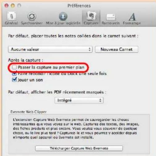 Préférences Général Synchroniser Mise à jour logicielle Capturer Raccourcis Formatage Par défaut, placer toutes les notes collées dans le carnet suivant : Aucune valeur Nouveau Carnet Après la capture : Passer la capture au premier plan Faire répondir l'icone du Dock une seule fois Jouer un son Par défaut, afficher les PDF récemment marqués : Intégré Evernote Web Clipper L'extension Capture Web Evernote permet de sauvegarder les choses Intéressantes que vous voyez sur le web. Capturez des textes, des images, des fiches produits et plus encore. Vous voulez vous souvenir de quelque chose, ou le lire plus tard ? Capturez-le et vous pourrez y accéder depuis n'importe quel appareil ou Evernote est installé. Télécharger Capture Web Evernote