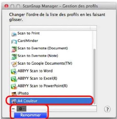ScanSnap Manager - Gestion des profils Changer l'ordre de la liste des profils en les faisant glisser. Scan to Print CardMinder Scan to Evernote (Document) Scan to Evernote (Note) Scan to Google Documents(TM) ABBYY Scan to Word ABBYY Scan to Excel(R) ABBYY Scan to PowerPoint(R) iPhoto A4 Couleur - Renommer