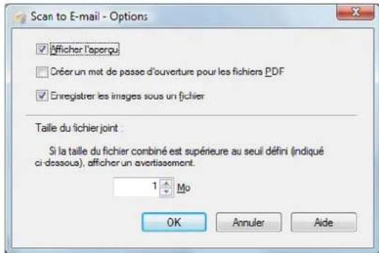 Scan to E-mail - Options ✓ Afficher l'aperqui □ Créer un mot de passe d'ouverture pour les fichiers PDF ✓ Enregistrer les images sous un fichier Taille du fichier joint Si la taille du fichier combiné est supérieure au seuil défini (indiqué ci-dessous), afficher un avertissement. 1 Mo OK Annuler Aide