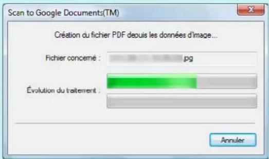 Scan to Google Documents(TM) Création du fichier PDF depuis les données d'image... Fichier concerné : pg Évolution du traitement : Annuler