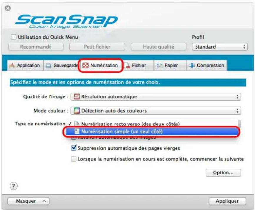 ScanSnap Color Image Scanner Utilisation du Quick Menu Recommandé Petit fichier Haute qualité Profil Standard Application Sauvegarde Numérisation Fichier Papier Compression Spécifiez le mode et les options de numérisation de votre choix. Qualité de l'image : Résolution automatique Mode couleur : Détection auto des couleurs Type de numérisation : Numérisation recto verso (des deux côtés) Numérisation simple (un seul côté) Nomination automatique des images Suppression automatique des pages vierges Lorsque la numérisation en cours est complète, commencer la suivante Option... Masquer Appliquer