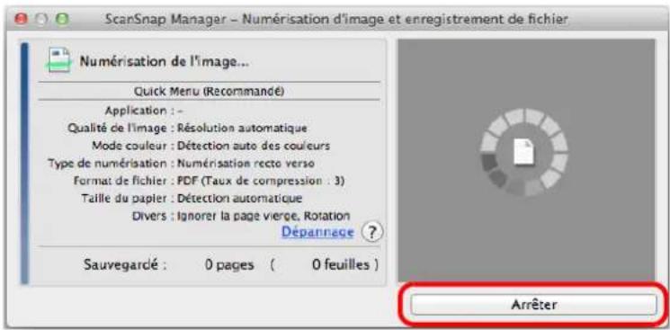 ScanSnap Manager - Numérisation d'image et enregistrement de fichier Numérisation de l'image... Quick Menu (Recommandé) Application : - Qualité de l'image : Résolution automatique Mode couleur : Détection auto des couleurs Type de numérisation : Numérisation recto verso Format de fichier : PDF (Taux de compression : 3) Taille du papier : Détection automatique Divers : Ignorer la page vierge. Rotation Dépannage ? Sauvegardé : 0 pages ( 0 feuilles ) Arrêter