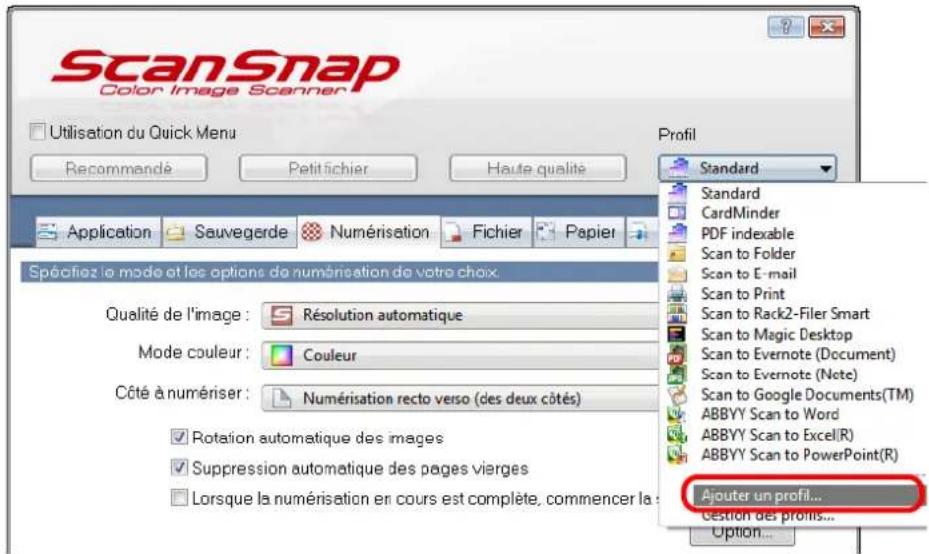 ScanSnap Color Image Scanner Utilisation du Quick Menu Recommandé Petit fichier Haute qualité Application Sauvegerde Numérisation Fichier Papier Spécifiez le mode et les options de numérisation de votre choix. Qualité de l'image : Résolution automatique Mode couleur : Couleur Côté à numériser : Numérisation recto verso (des deux côtés) Rotation automatique des images Suppression automatique des pages vierges Lorsque la numérisation en cours est complète, commencer la : Profil Standard Standard CardMinder PDF indexable Scan to Folder Scan to E-mail Scan to Print Scan to Rack2-Filer Smart Scan to Magic Desktop Scan to Evernote (Document) Scan to Evernote (Note) Scan to Google Documents(TM) ABBYY Scan to Word ABBYY Scan to Excel(R) ABBYY Scan to PowerPoint(R) Ajouter un profil... Gestion des promis... Option...